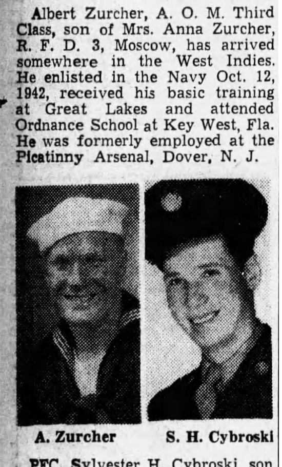 Newspaper clipping of Albert Zurcher, Aviation Ordnance Man